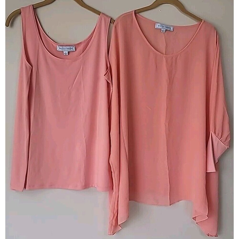 Paula Deen Blouse SzL Peach Sheer Kimono Turnic Over Tank  3/4 Sleeve Ribbed Cuf